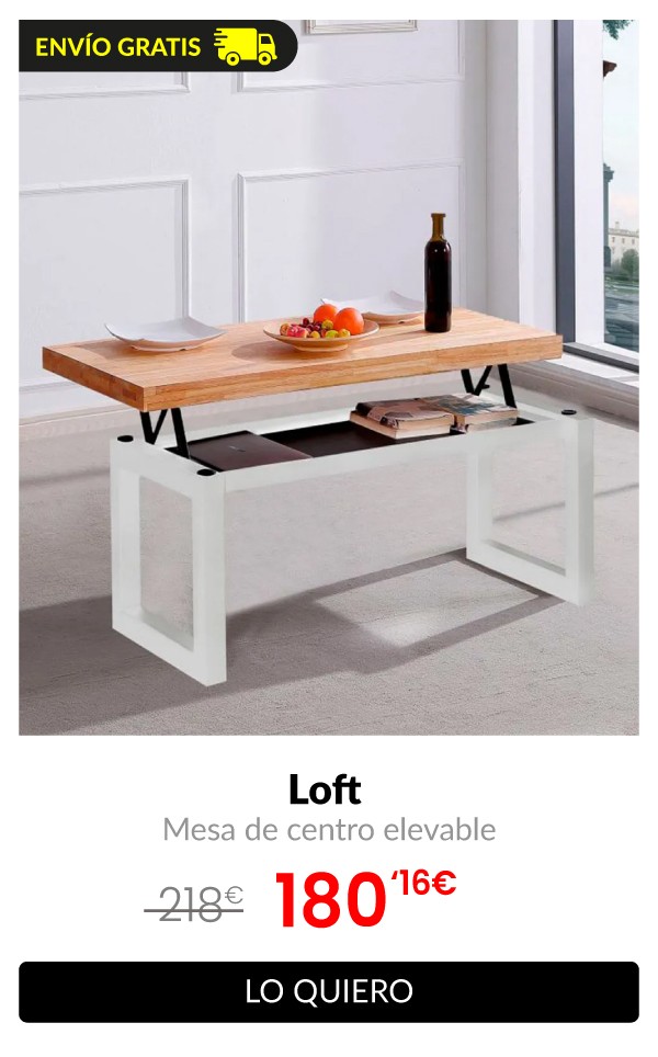 Mesa de centro elevable Loft con hueco de almacenaje roble 47,5-62x120x60 cm